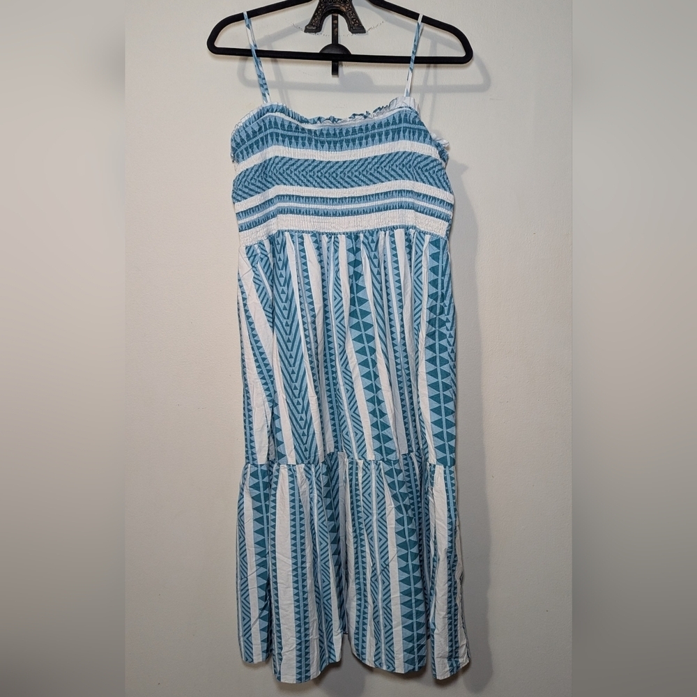 Chicsoul Boho Maxi Sundress Blue + White Smocked Tiered 100% Cotton Size 3X